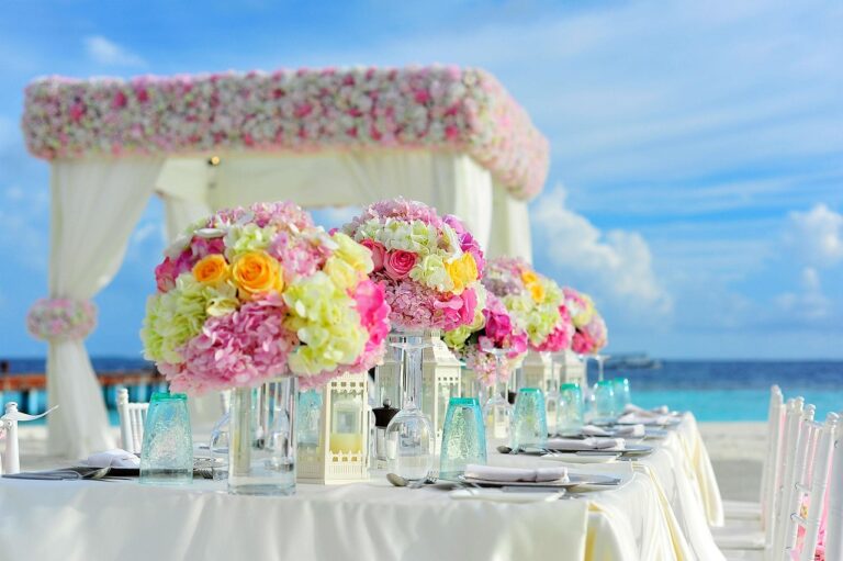 beach, wedding, reception, table setting, centerpieces, flower vases, event, beach wedding, beautiful flowers, nature, wedding photography, wedding preparations, bunch of flowers, flower wallpaper, celebration, chairs, decorations, flower background, flowers, sea, summer, table, table set-up, tropical, wedding setup, gazebo