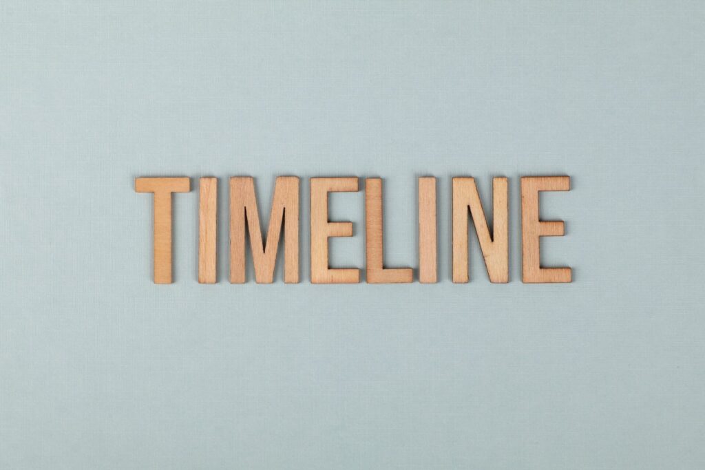 Wooden letters forming the word timeline on a light blue background, perfect for presentations.