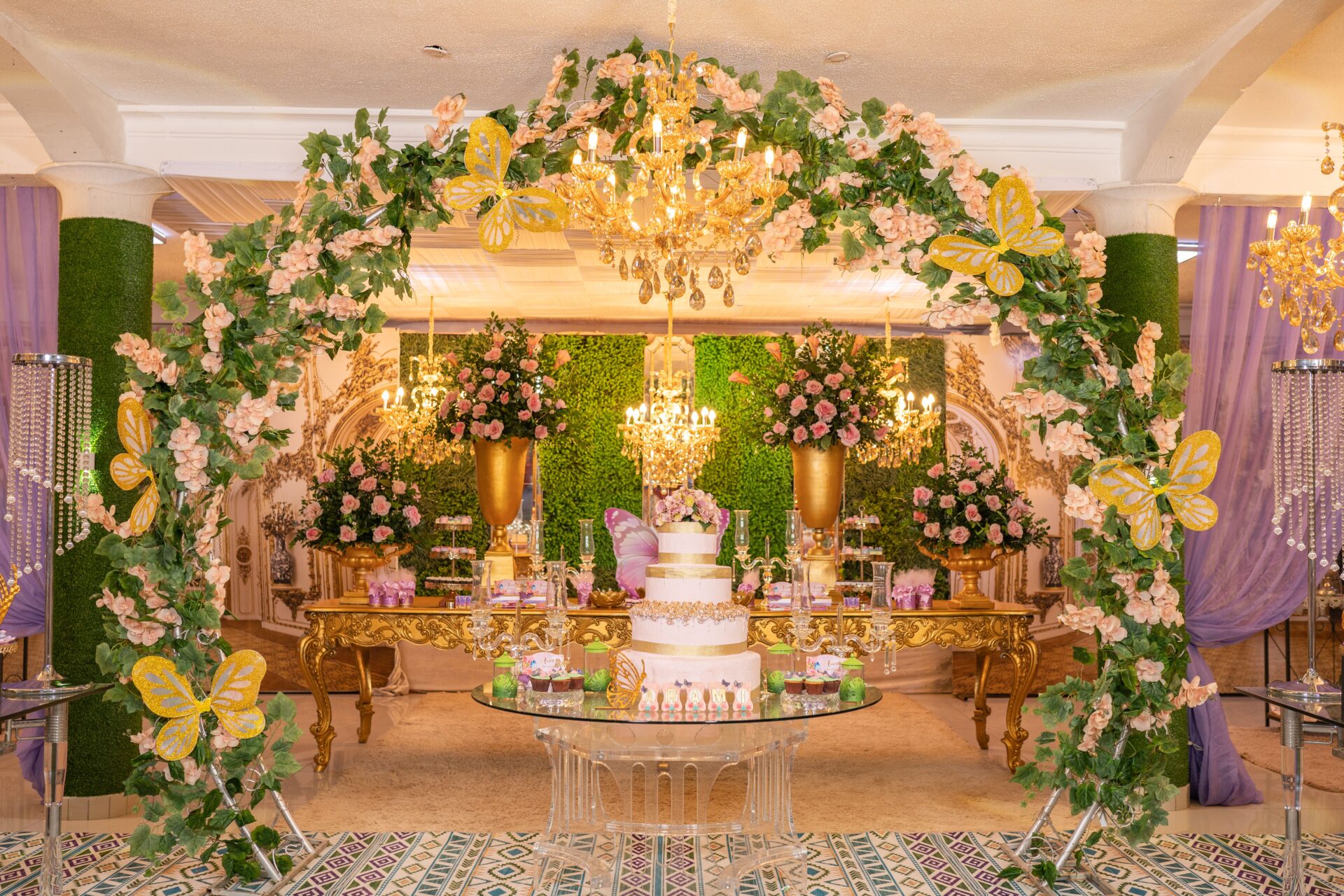 Home 4 Sophisticated quinceañera celebration featuring floral arches and chandeliers.