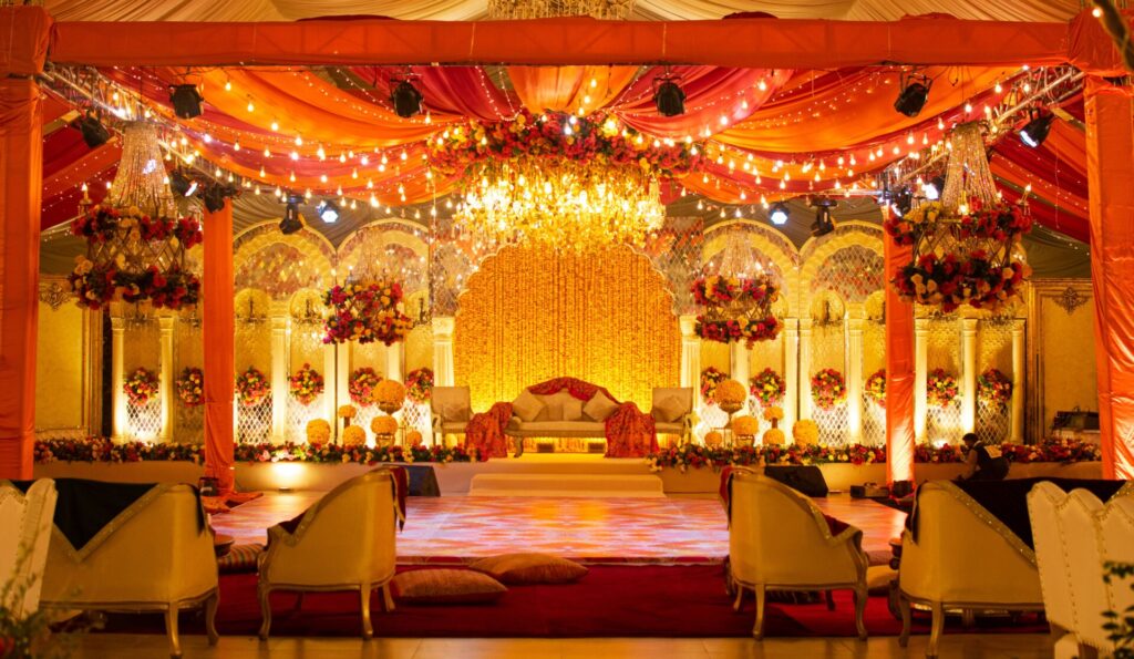 Luxurious and ornate wedding venue with vibrant colors and elegant decorations, perfect for a grand celebration.