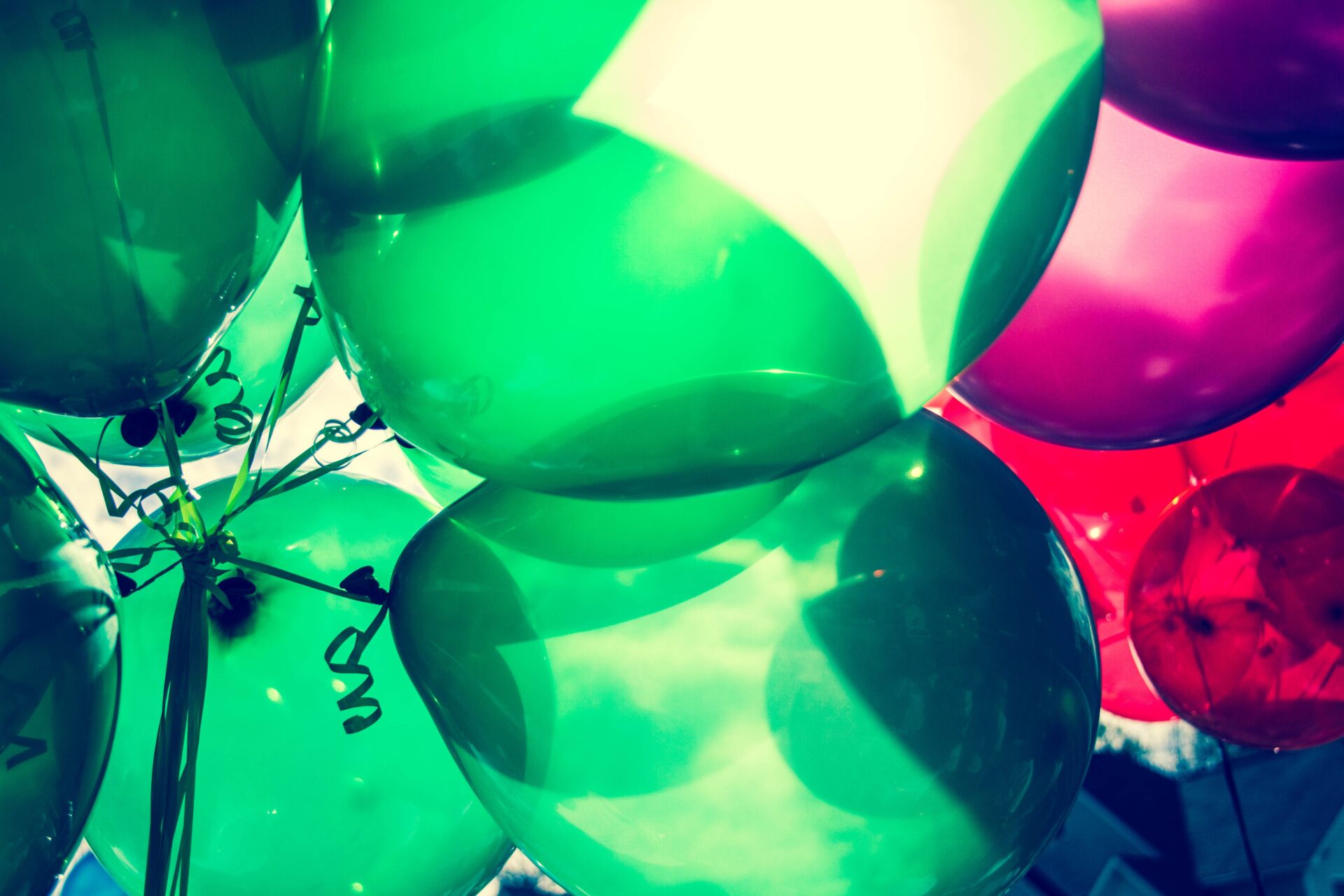 Colorful green and pink balloons captured in close-up for a festive celebration.