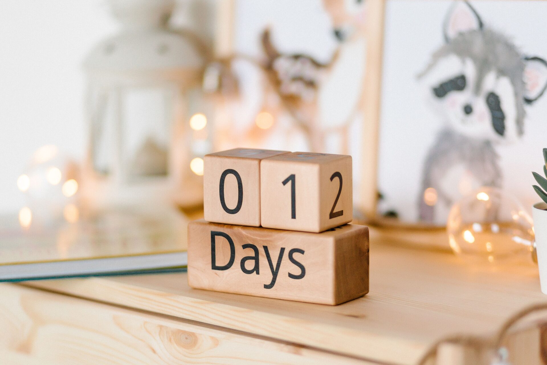 Cozy setting with wooden countdown blocks displaying '012 Days', perfect for event planning.