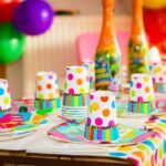 Colorful party table setup with polka dot cups and balloons, perfect for celebrations.